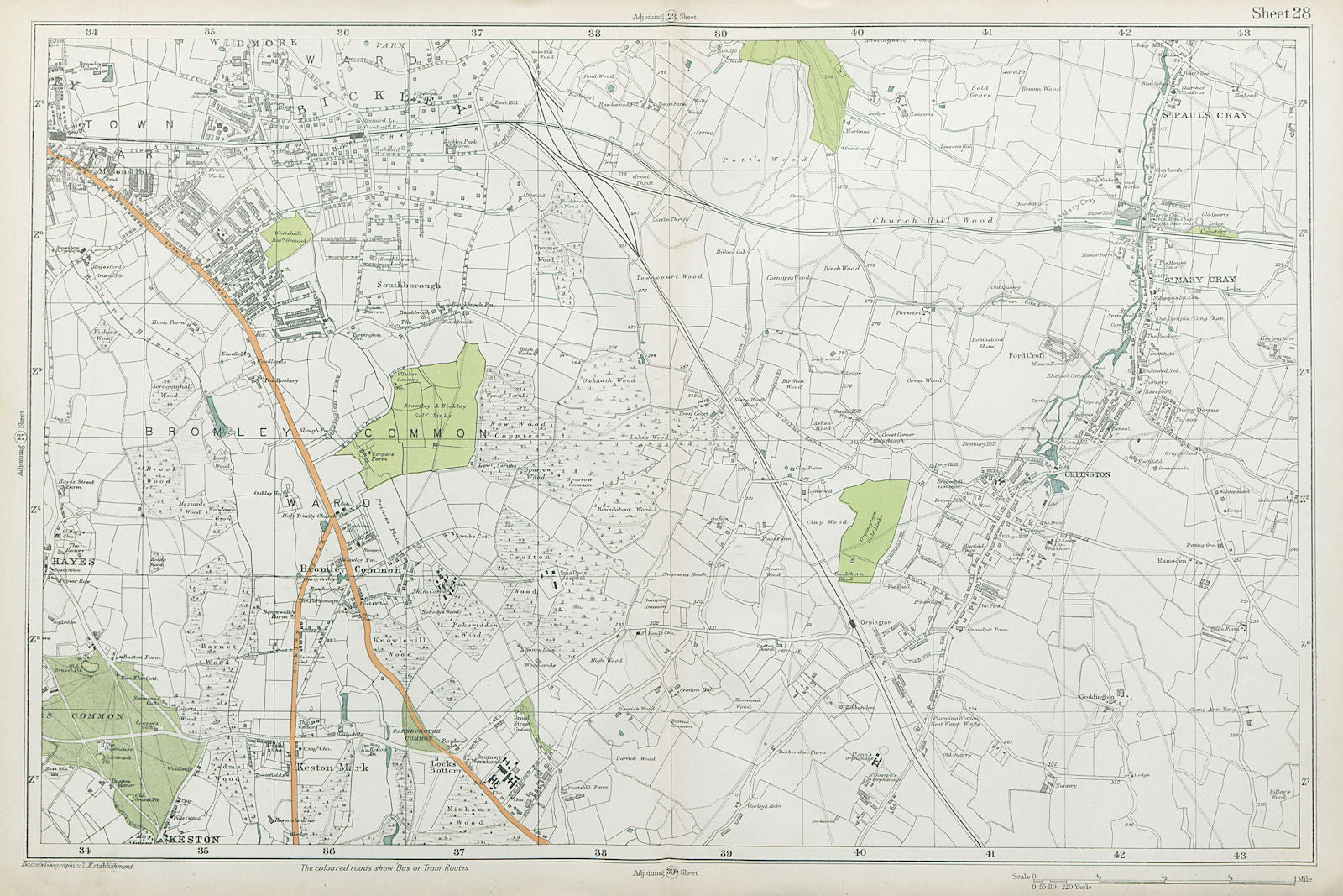 BROMLEY & ORPINGTON Hayes Petts Wood Keston St Paul's Mary Cray. BACON  1920 map